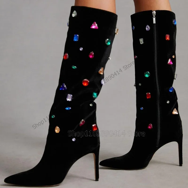 

Colorful Jewel Crystal Decor Black Pointed Toe Boots Side Zipper Women Shoes Thin High Heels Sexy Feast 2023 Zapatos Para Mujere