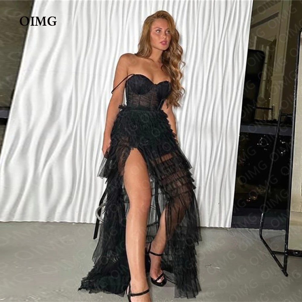 

OIMG Black Sexy Sleeveless Side Slit Tiered Party Dresses Evening Gowns Sweetheart Long Night Club Dress Vestidos Robe de soiree