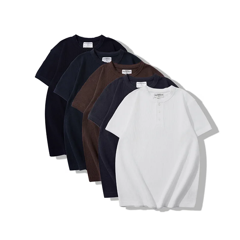Summer New Amikaji Basic Waffle 230g Solid Color Henry Collar Short Sleeve T-shirt Henry Shirt