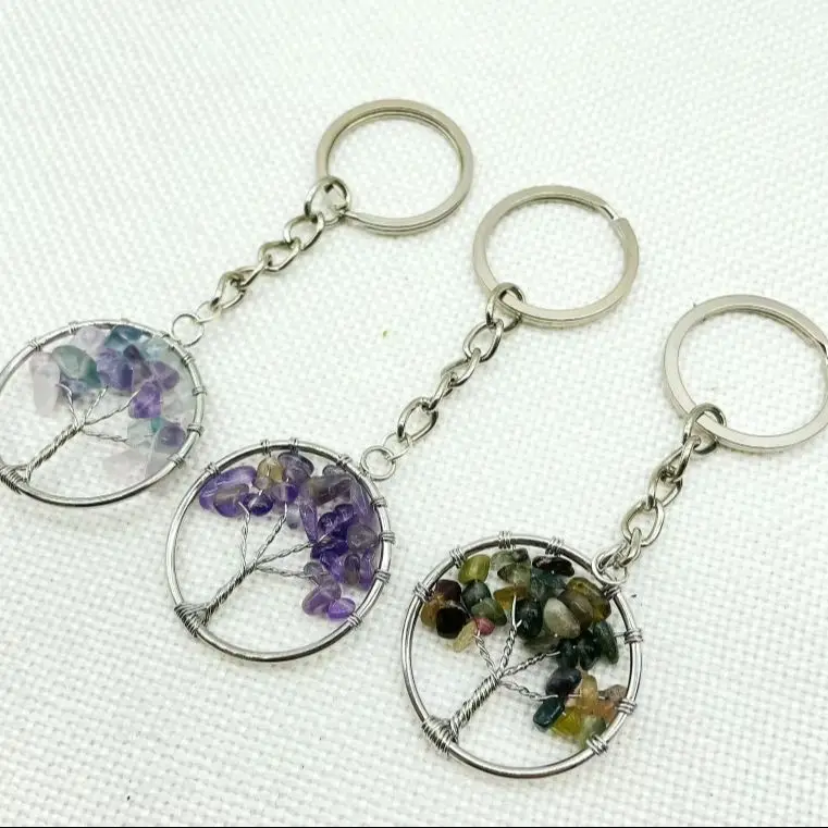 Hot Selling Natural Gem Stone Crystal Quartz fluorite lapis amethyst 7 Chakra Round 30MM Life Of Tree Pendant Keychain Chain