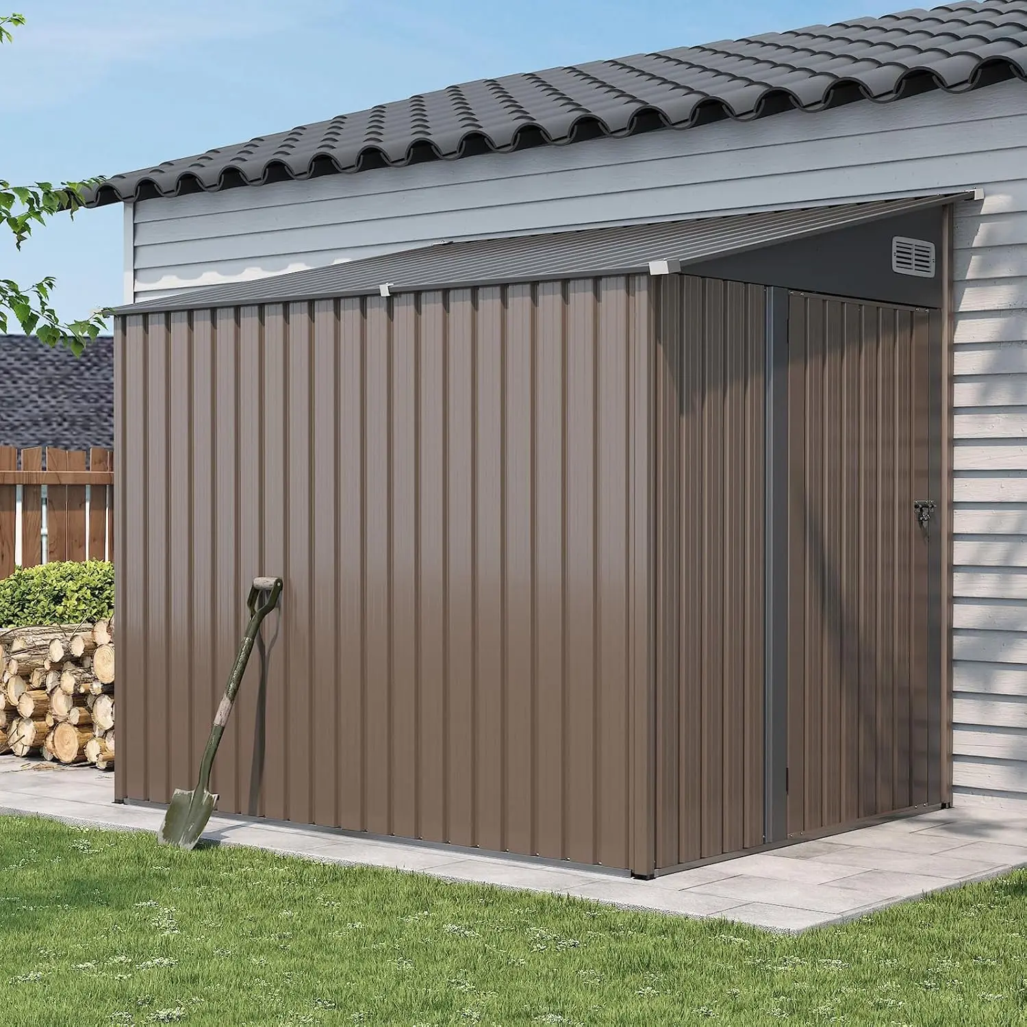

7x5 FT Lean to Shed Garden Metal Storage Shed with Lockable Doors Outdoor Bike Shed for Backyard, Patio, Poolside (Brown)
