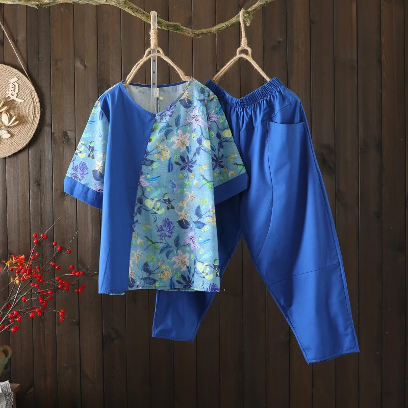 Faionable Katoen Linnen Zevenpunts Harlan Broek En Ort-Sve T-shirt Set Ronde Ne Splice Kleur Gedrukt Losse Pasvorm