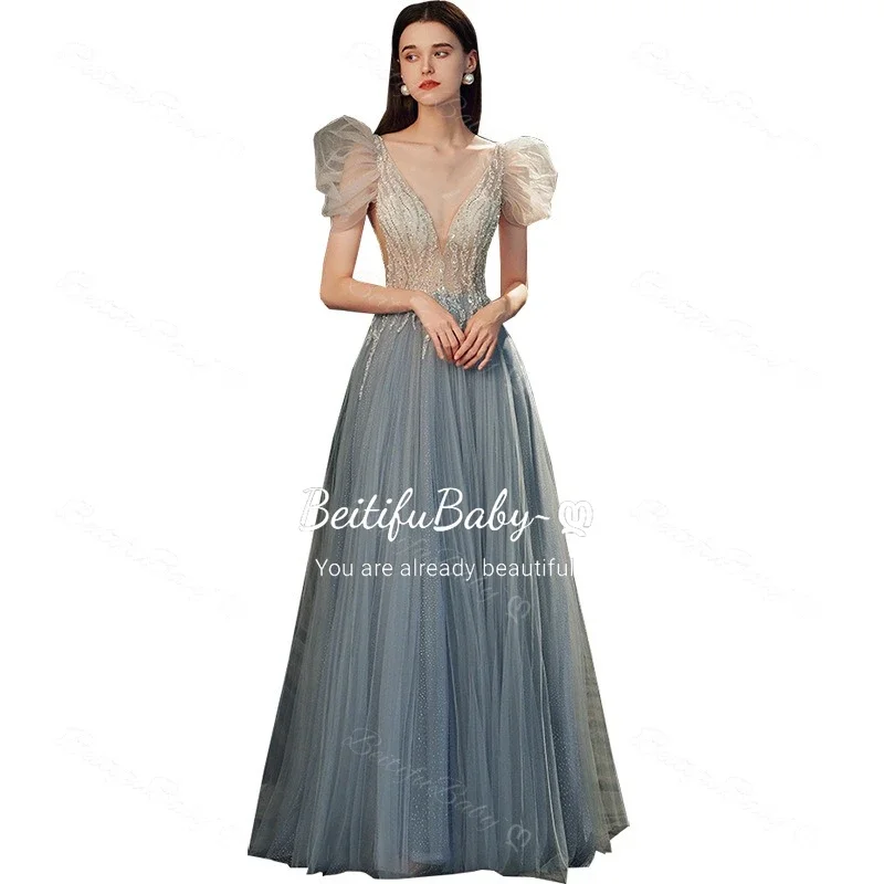 فستان سهرة للنساء على شكل حرف v فقاعة بأكمام قصيرة على شكل حرف a تنورة الأورجانزا فساتين الحفلات النسائية Vestidos Elegantes