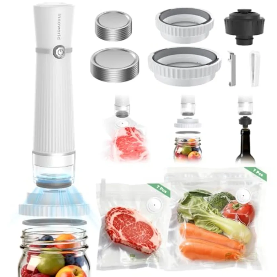 

Вакуумный упаковщик 3-в-1 для продуктов, совместимый с вакуумными пакетами, банками Мейсона, бутылками для вина, портативный компактный вакуумный упаковщик