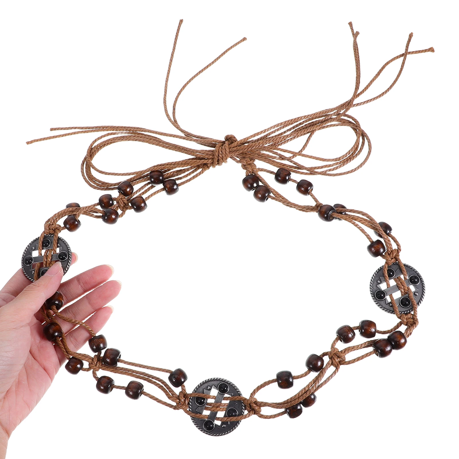 

Boho Style Women Handmade Braided Rope With Wooden Beads Adjustable Tie For Dresses Skirts Shirts Beaded Decoration Bohemian