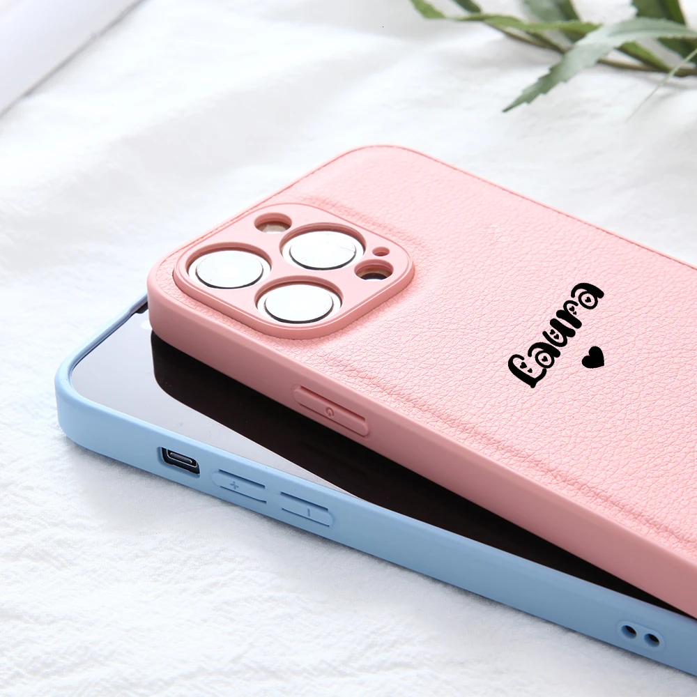 Caso de telefone personalizado do plutônio do couro do coração do nome personalizado para o iphone 13 12 11 pro max x xs xr 7 8 plus luxo macio capa traseira lisa