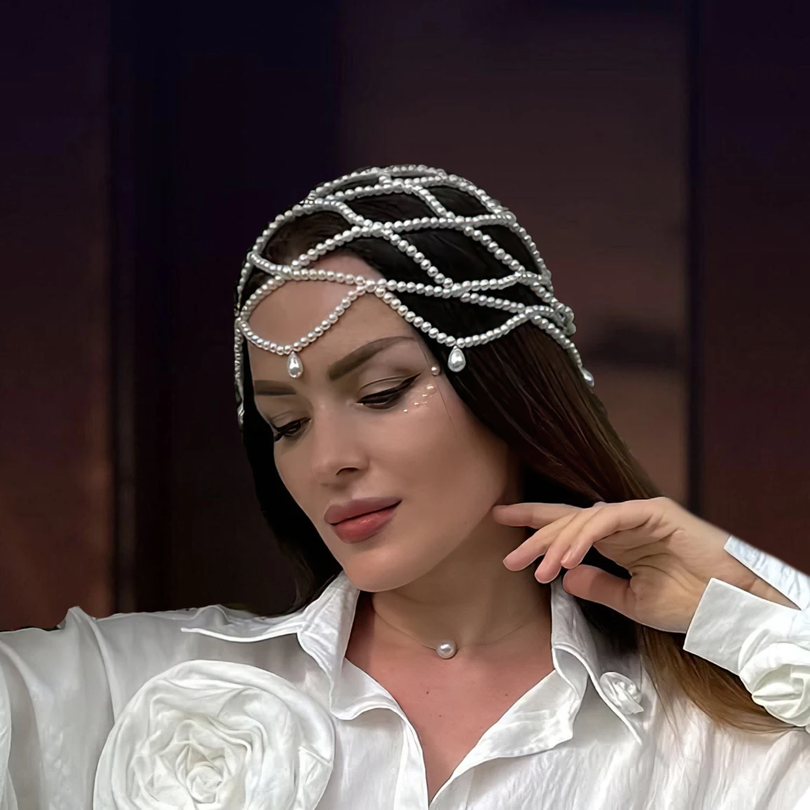 

Fashion Handmade Pearl Braided Hat Wedding Hairstyle Accessories Bridal Tiara Mesh Headband Elegant Tassel Hair Chain