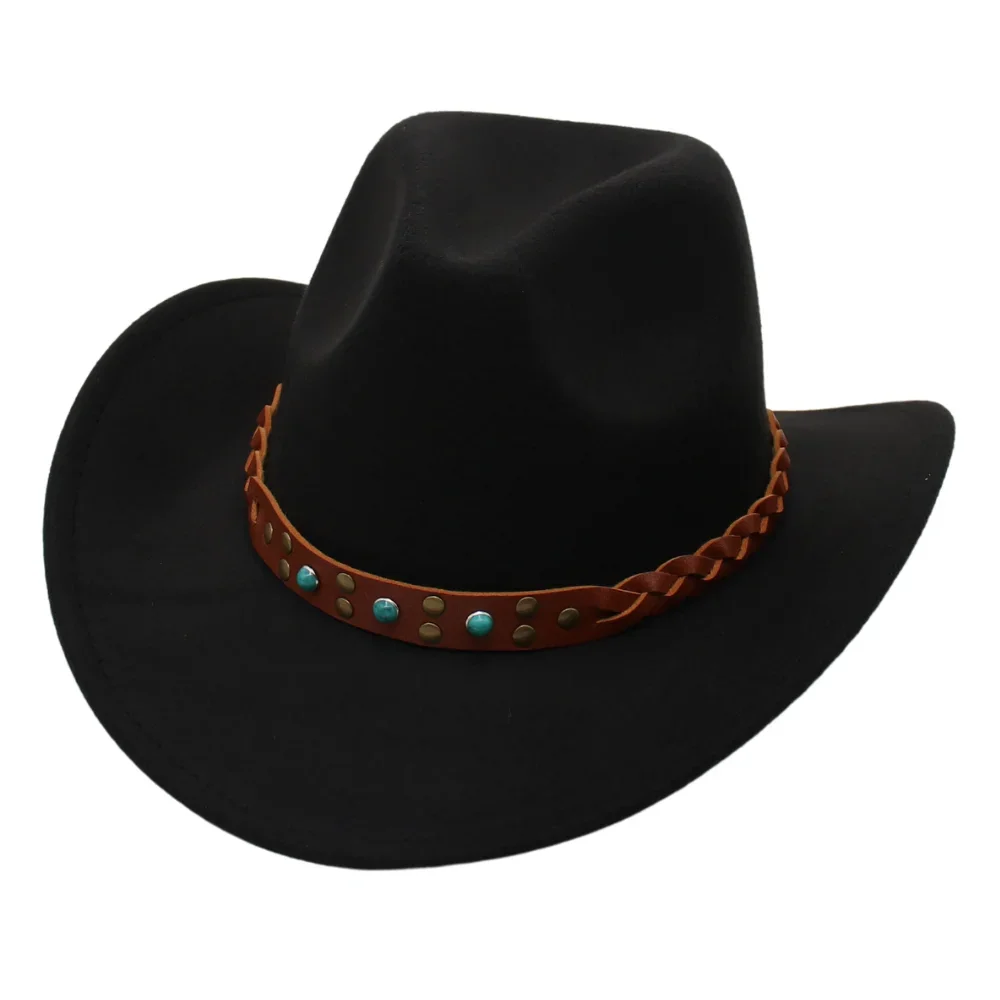 

Black Ethnic Style Western Cowboy Hats With Belt Accessories Women Men Travel Country Hat Wool Cowgirl Knight Wool Jazz Felt Hat