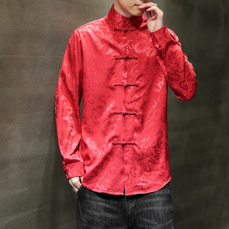 Chaqueta Tang de alta calidad para hombre, blusa con cuello mandarín plateado, ropa china roja elegante, camisas informales de seda satinada azul de