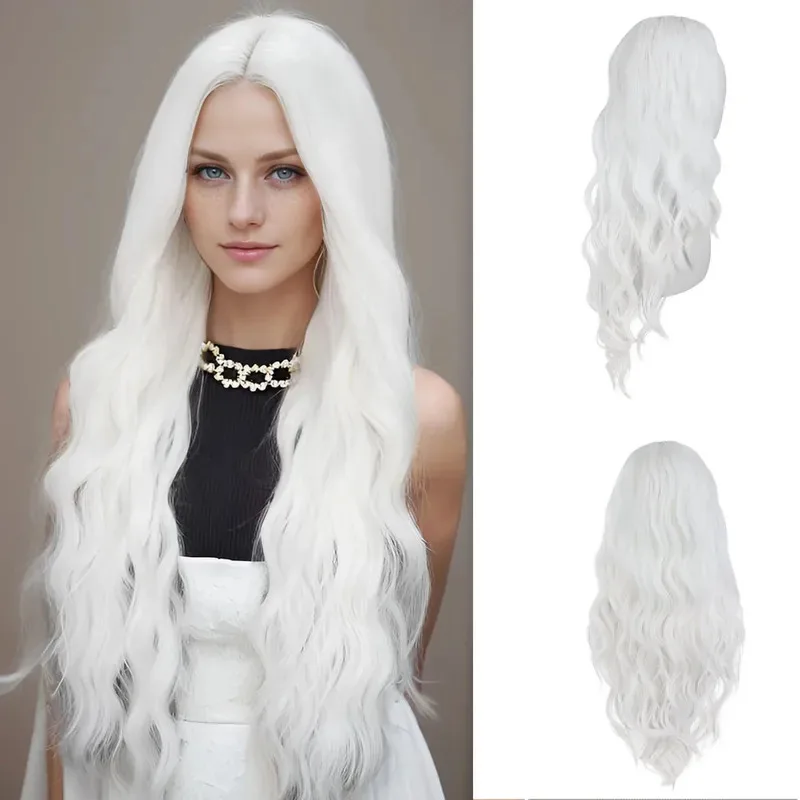 Onda de água sintética peruca branca halloween cosplay diário carnaval festa lolita cabelo natural sedoso longo ondulado perucas resistentes ao calor