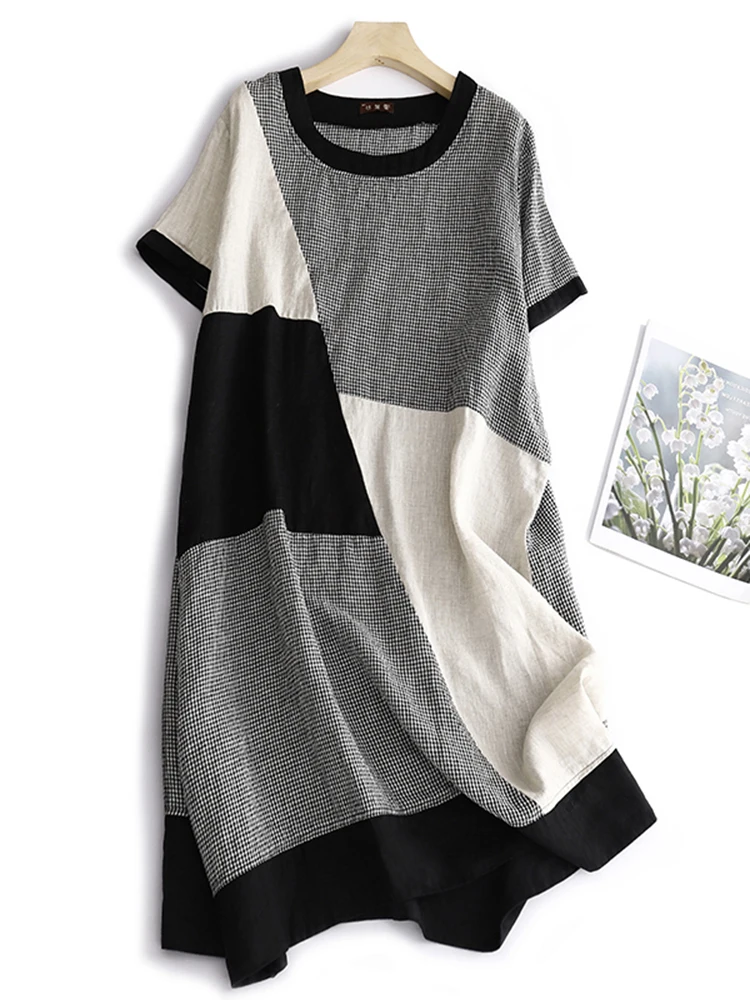 

Женская повседневная одежда контрастного цвета в стиле пэчворк в клетку Lin ort Sve, облегающая футболка миди с круглым воротником, летняя одежда