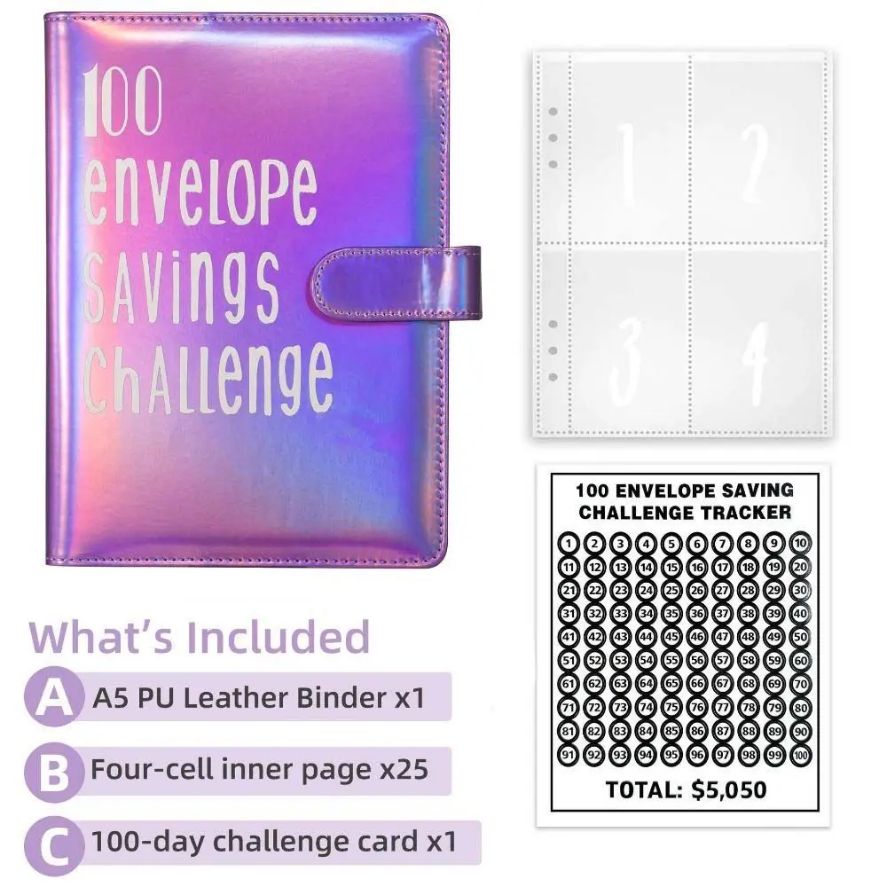 A5 Size Challenge Budget Binder Envelope PU Leather 100Envelopes Challenge Notebook Durable Dazzling Colors