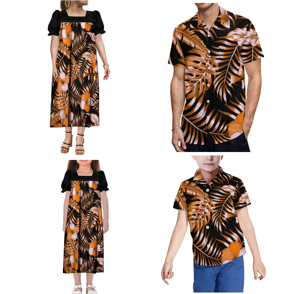 Polynesian Family Party Set Mumu Women'S Dress Mumu Girls' Dress Puffy Sleeve Dress Hawaiian Men'S Shirt Boys' Shirt