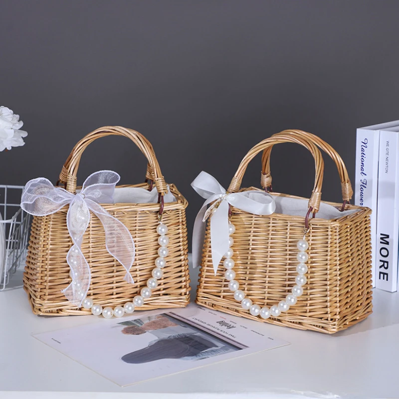 Straw Tote Hand Bags for Women Rattan Weaving Basket Purse Handbag Ladies Pearl Handle Beach Ribbons Clutch Bag