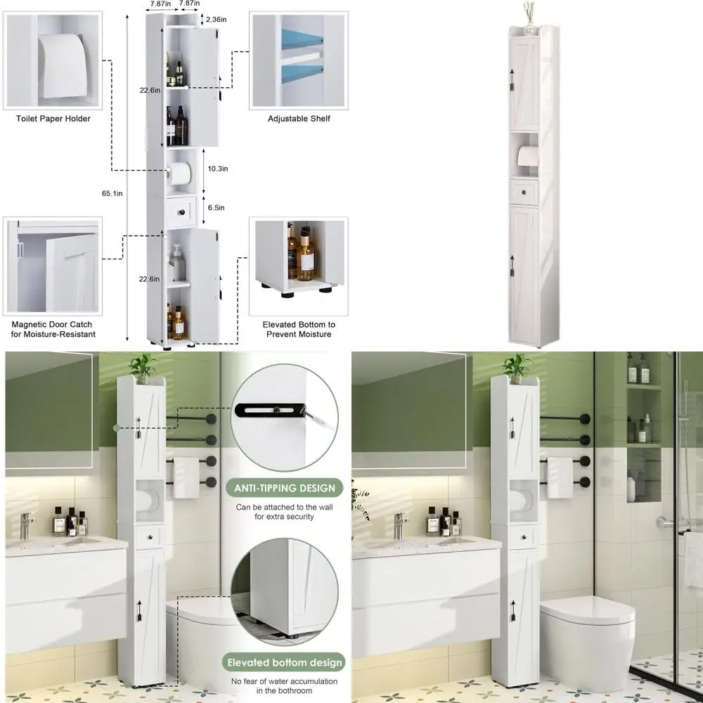 

Tall Narrow Storage Cabinet with Adjustable Shelves, Slim Freestanding Bathroom Cabinet with Toilet Paper Holder, 2 Magnetic Doo