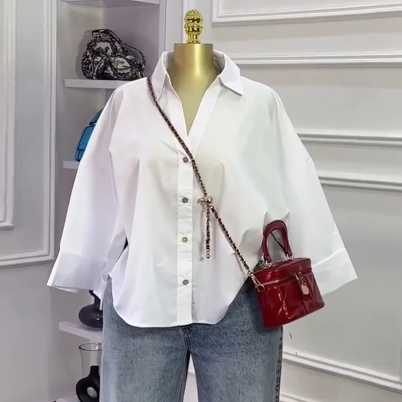 Atasan Wanita Blus Kemeja Kerah Lipat Lengan Panjang Atasan Bergaris Y2k Streetwear Elegan Kemeja Kombinasi Kasual Longgar Kerja Musim Gugur