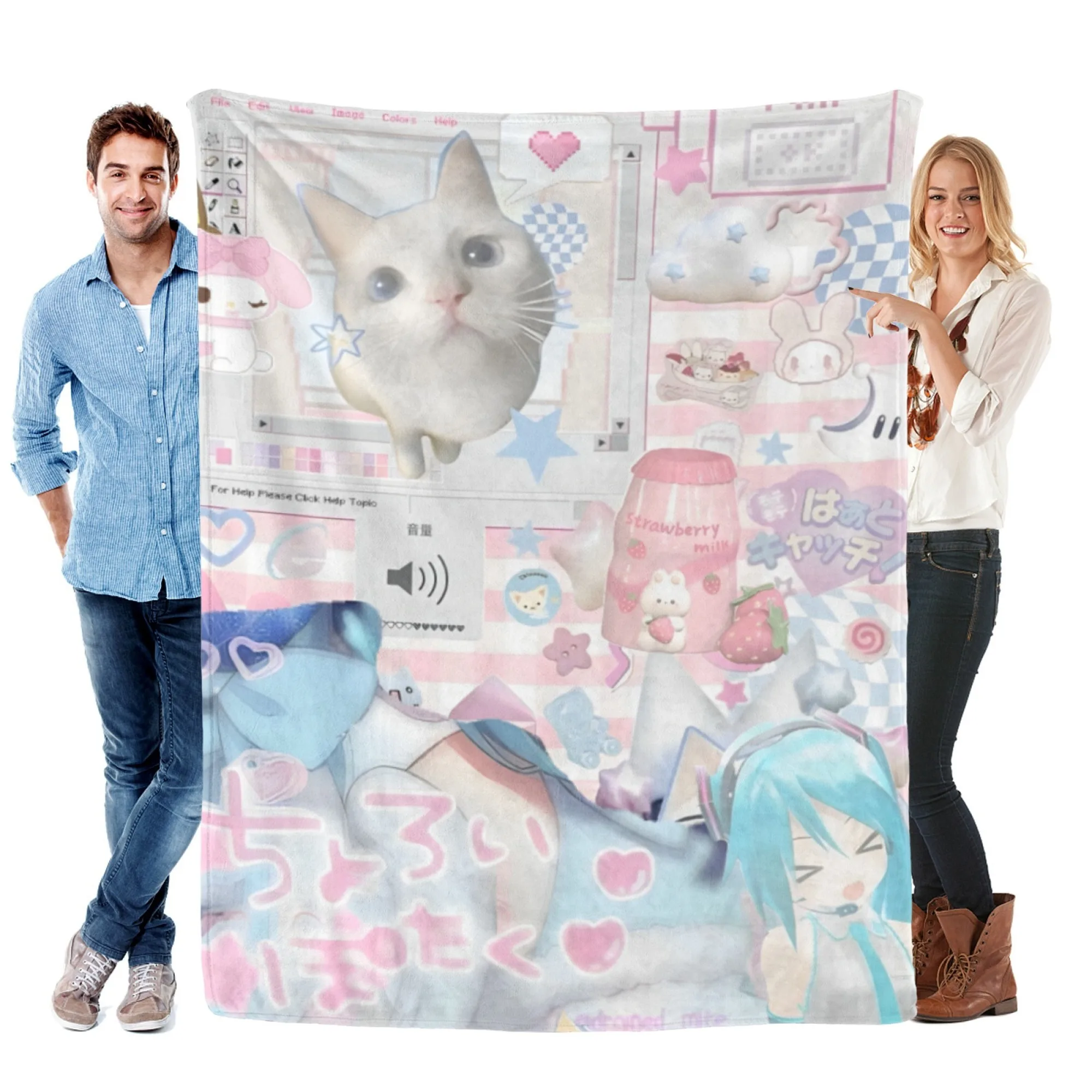 

Flannel blanket, Japanese cute cat collage cartoon print, suitable for all seasons, soft and comfortable