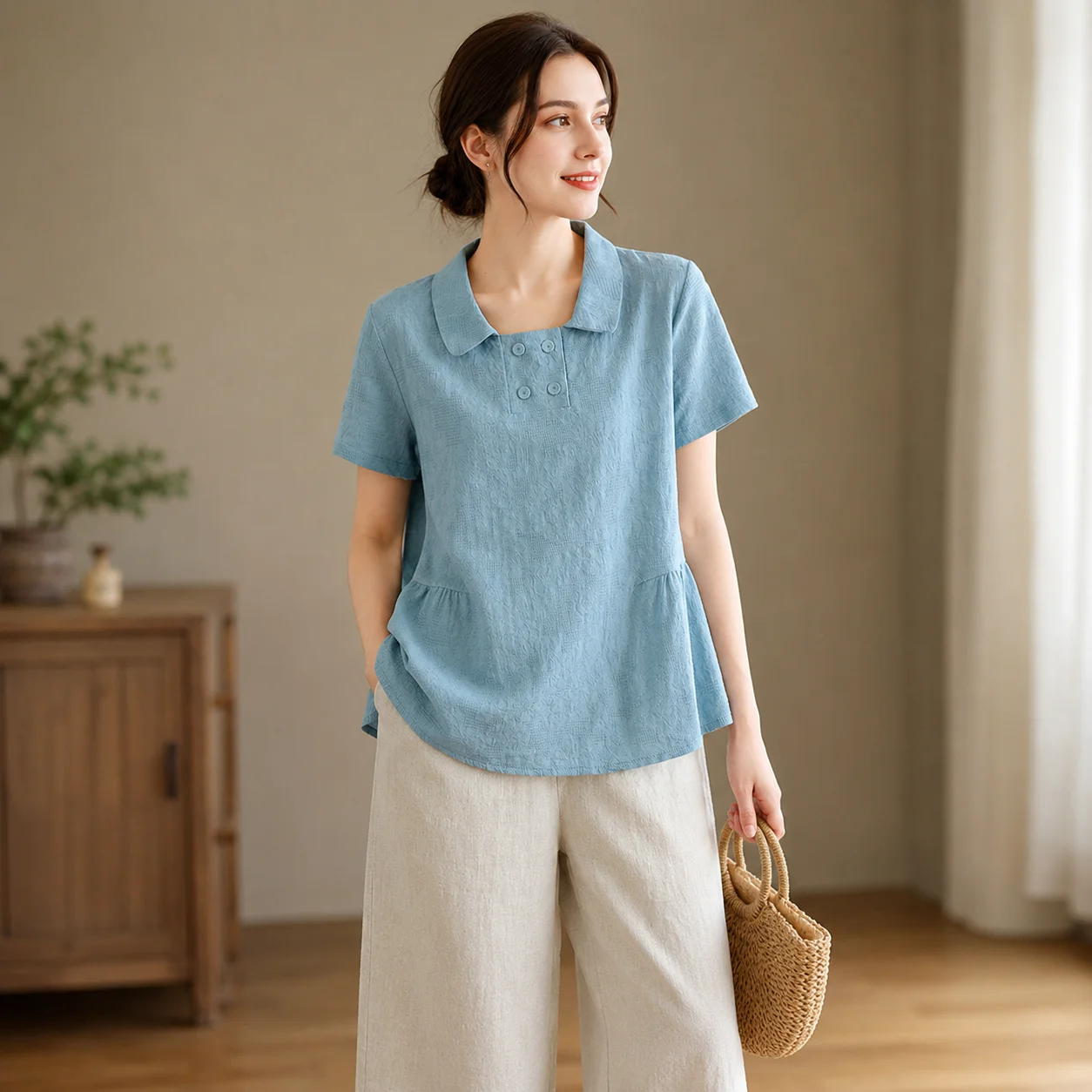 EOENKKY Women Cotton Linen Jacquard Blouse Short Sleeve Loose Fit Turn Down Collar Summer Tunic Top M-2XL