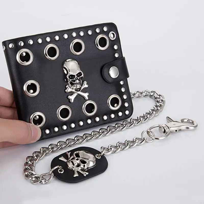 340D Leather Cool Punk Gothic Western Skull Clutch Purse Wallets With Chain For Men