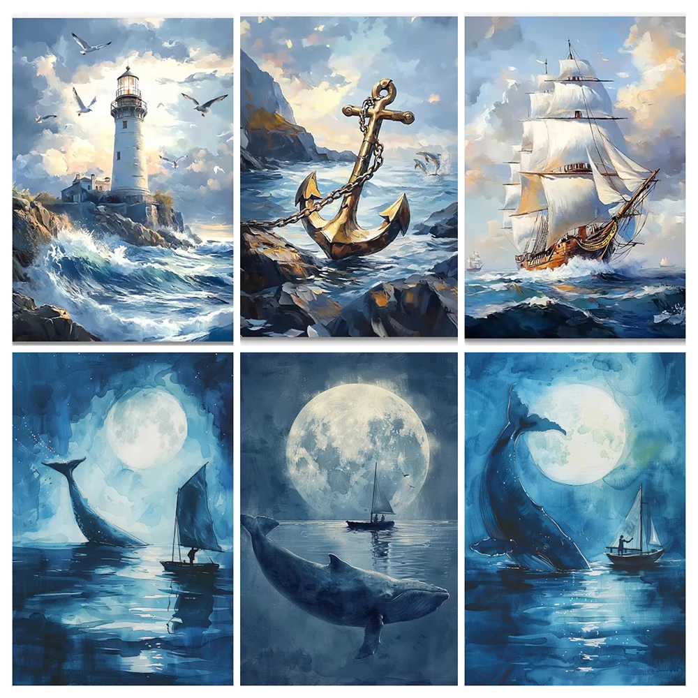 Blue Whale Moon Star Sailboat Sea Ocean Canvas Painting Wall Art  Landscape Sailboat Ocean Poster and Print Picture Home Decor