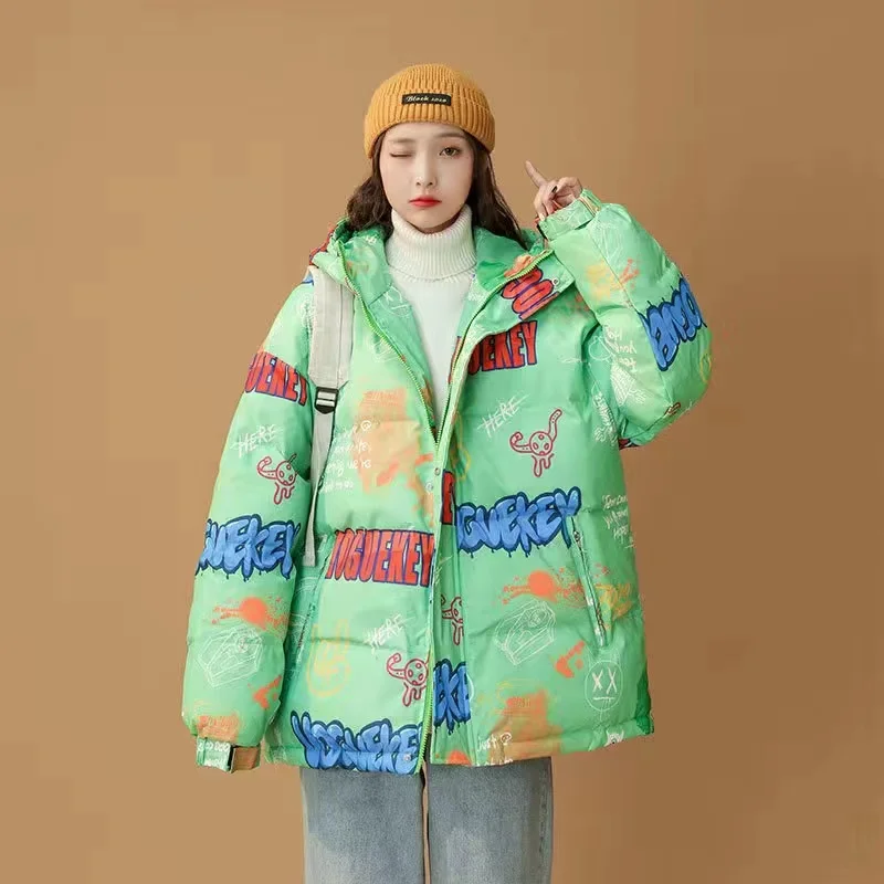 Fashion Y2K Streetwear Printing Hooded Puffer Jacket Women Kawaii Cartoon Casual Zip-up Coat Ladies Winter Thick Warm Outwear