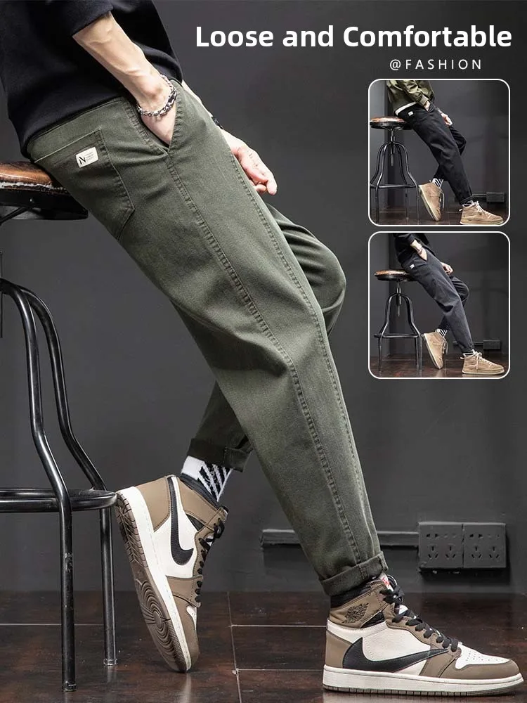 

Модные свободные прямые повседневные брюки для мужчин на осень-зиму, укороченные, из хлопка, полиэстера и спандекса, с эластичным поясом