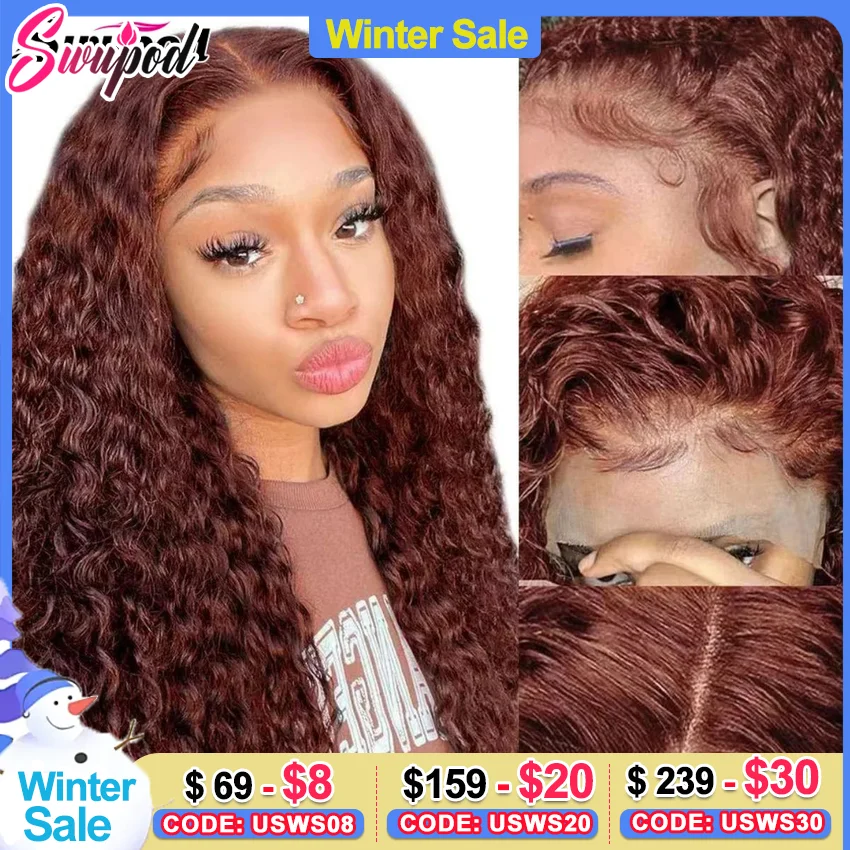 Swupod 13x4 13x6 200 Density Transparent HD Lace Front Wig for Women Deep Wave Remy Human Hair 33# Reddish Brown Color Glueless