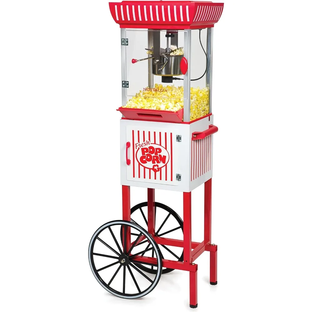 Popcorn Machine Cart, 2.5 Oz Kettle Makes 10 Cups, Retro Classic Popcorn Machine with Interior Light, Measuring Spoons and Scoop