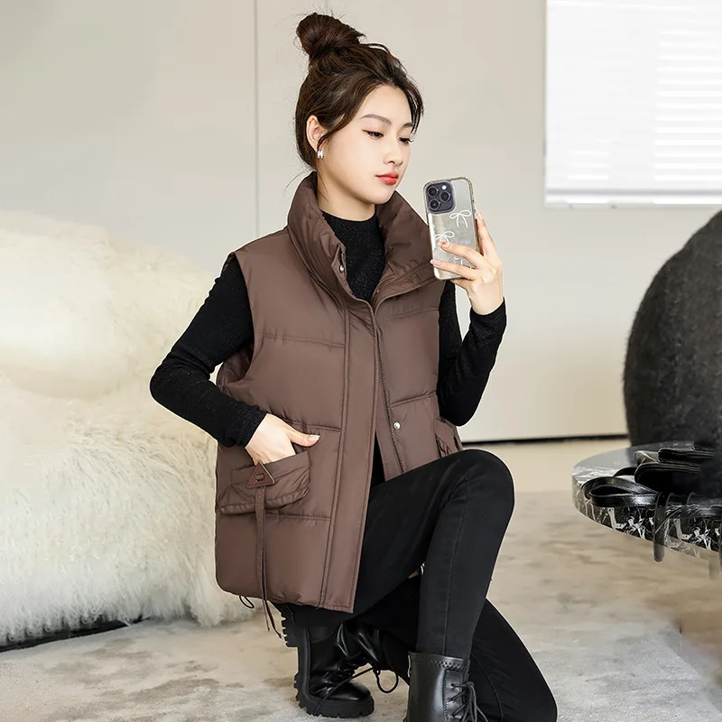 2025秋冬韓国スタンドカラーダウンコットンベスト女性リボン付きカジュアル暖かいノースリーブジャケットシックショートパーカー女性