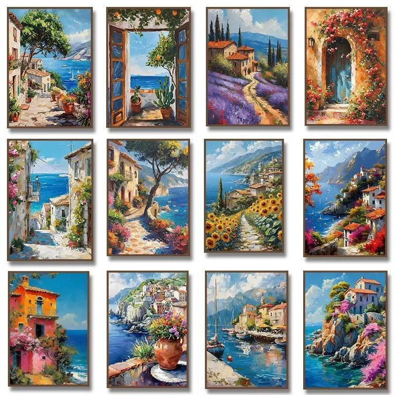 Lienzo de ciudad costera mediterránea, campos de flores, barcos, cabañas, pintura de paisaje impresa para decoración del hogar y sala de estar