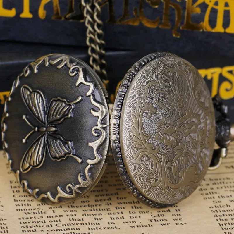 Bronze Engraved Butterfly Relief Quartz Pocket Watch with Chain Necklace Pendant Clock Jewelry Unique Gift for Women Men