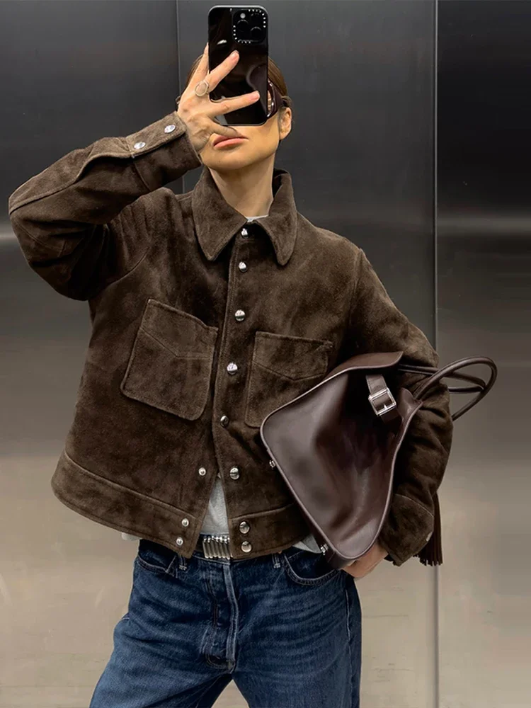 

Vintage Brown Suede Women's Bomber Jacket Turn Down Collar Long Sleeve Single Breasted Female Pocket Coats Spring Ladies Outwear