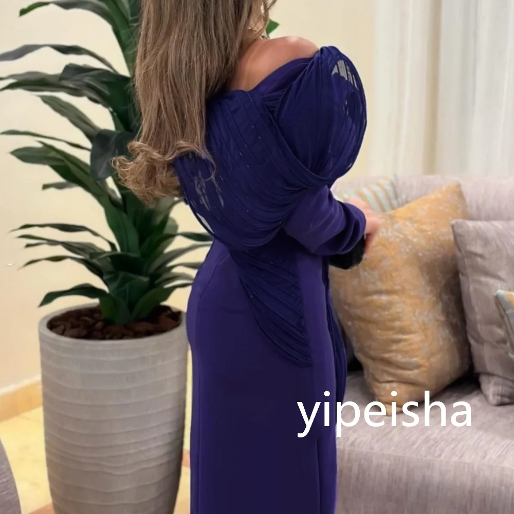 Customized Straight Off-the-shoulder Jersey Prom Gowns Ankle-Length Pleat Long Sleeve Evening Dresses Backless  Party Dresses