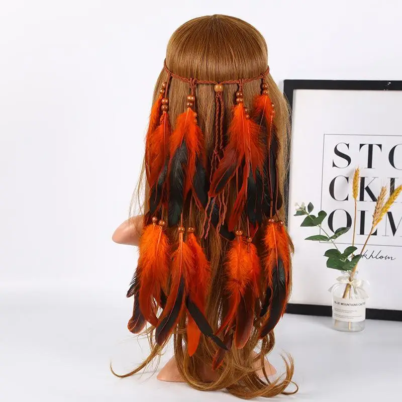 Synthetic Braided Cord Boho Feather Headpiece Vibrant Orange Plumage Multi-strand Design Tribal Hair Extension