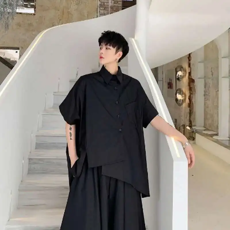 Men Shirts Black Asymmetric Hip White Oversize Style Design Japan Hop Punk Blouse Male Vintage Casual Street Wear Camisa