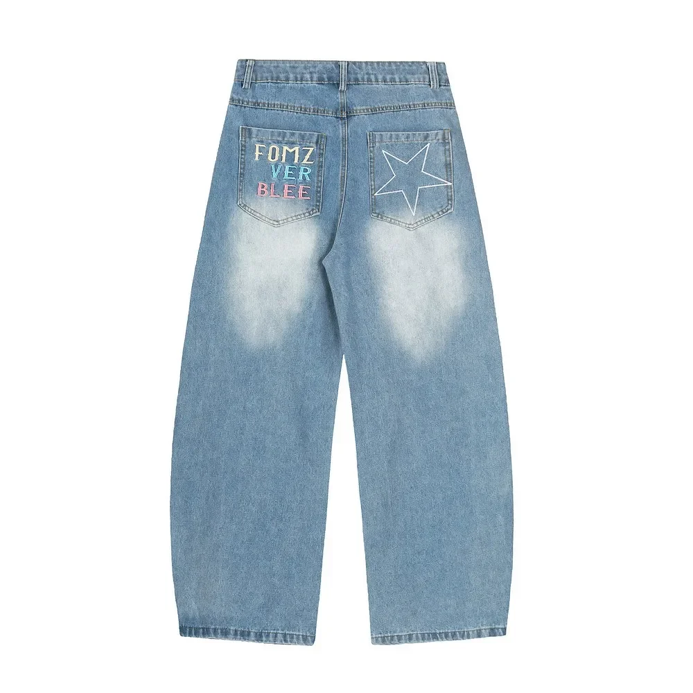 ฤดูใบไม้ร่วงฤดูหนาวเย็บปักถักร้อย Pentagram Distressed Bleach หลวมผู้หญิงล้าง Cargo กางเกงยีนส์กางเกงกางเกงผู้หญิงผู้ชาย Streetwear