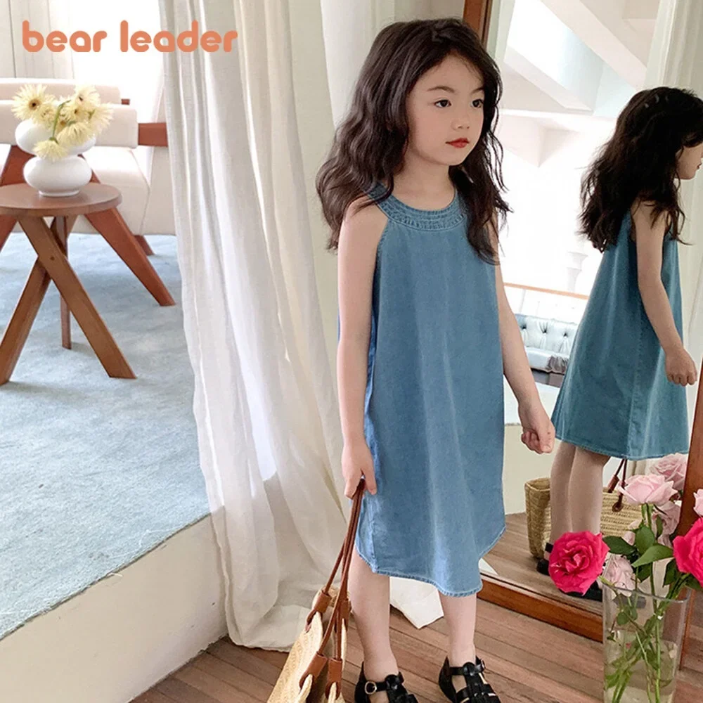 Bear Leader 3-7 Years Girls Dresses Sleeless Solid Color Denim Dress Blue Cowboy Baby Girls Korean Hanging Neck Dress