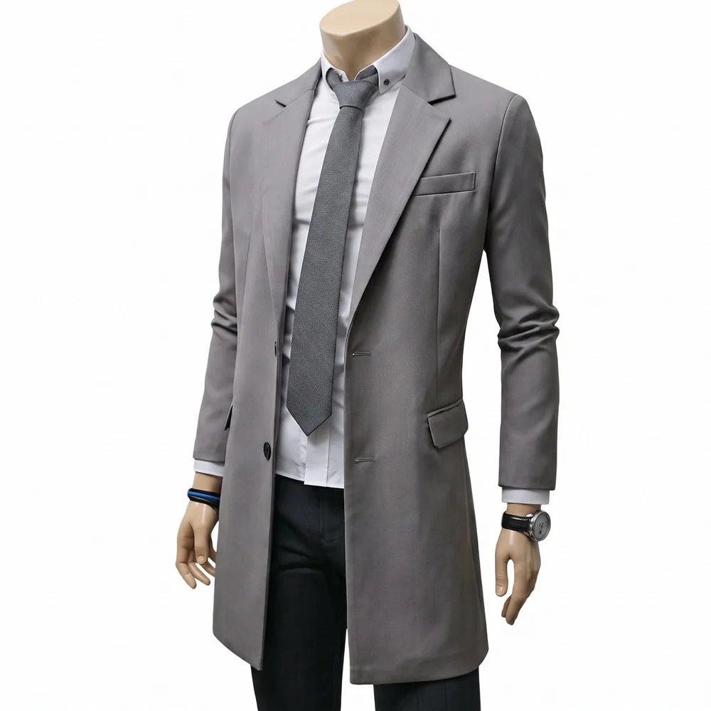 British Business Style Men Mid‑Long Suit Overcoat Notched Lapel Single Button Slim Fit Warm Solid Male Autumn Winter Formal Coat