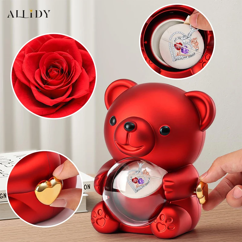 Double Love Gemstone Heart Pendant Necklace and Rose Teddy Bear Jewelry Gift Box Set for Women