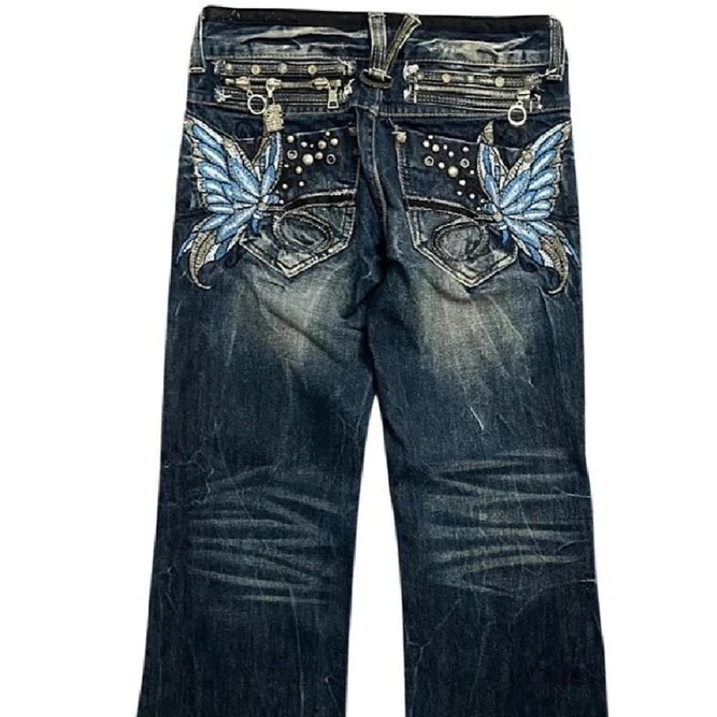 American Fashion High Street Large Size Butterfly Embroidered Women Jeans Y2K Millennium Harajuku Slim Flared Jeans