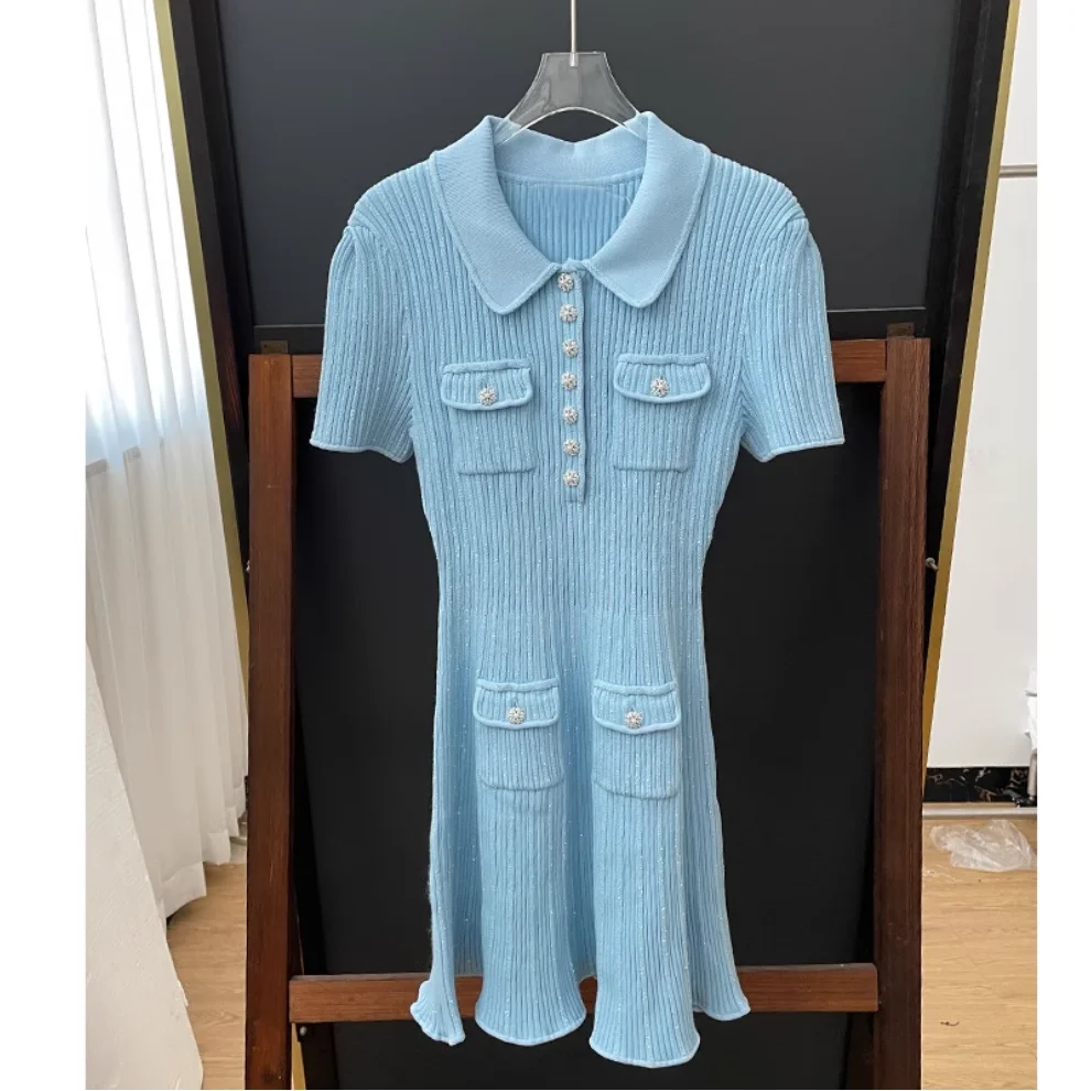 

White Elegant Knitted Dress Women's Short Sleeve Temperament Diamond Buckle Slim Dresses 5230424