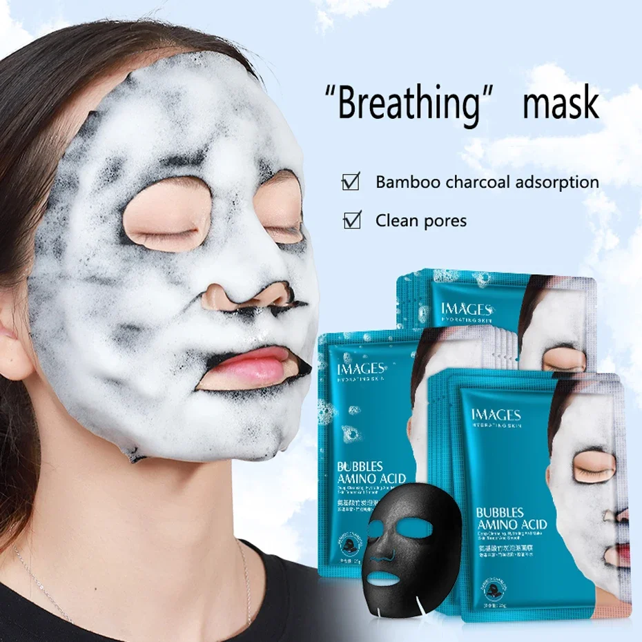 IMAGES 1pcs Amino Acid Bubble Mask Deep Pore Clean Bamboo Charcoal Black Face Mask Whitening Facial Skin Care Treatment Mask