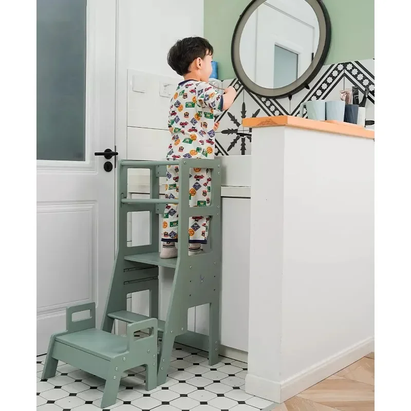 Wooden Montessori Learning Tower With Footstool Step Stool Kitchen Help Tower