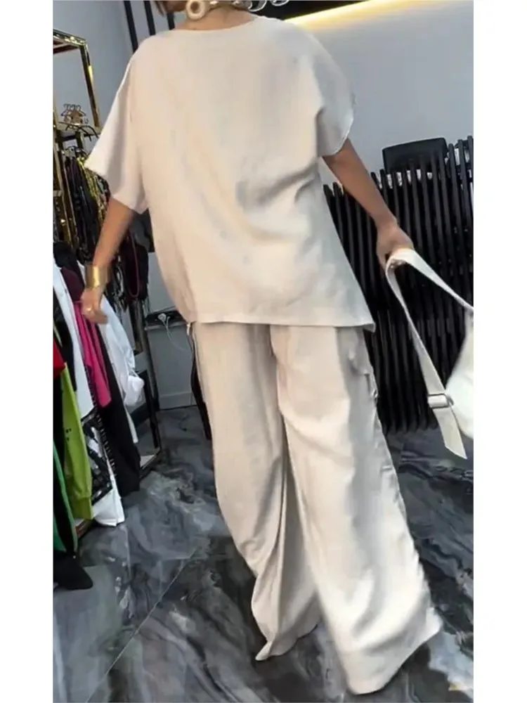 Spring Summer Fashion Shirring 2 Piece Sets Round Neck Pleated Short Sleeve Solid Color Casual Women Pantsuit Two Pieces Set