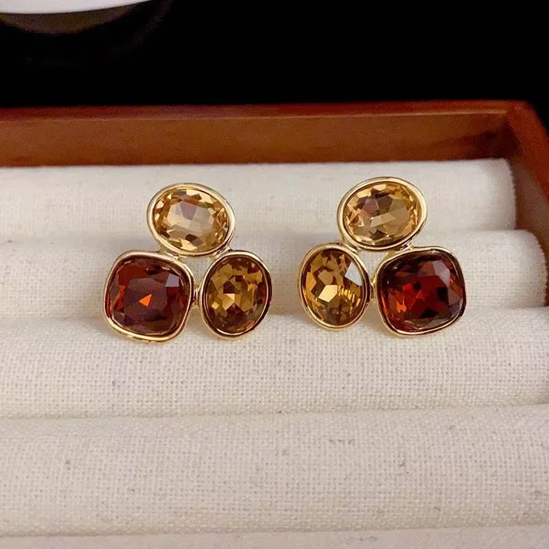 French Fashion High-end Brown Crystal Earrings for Women Luxurious Personalized Daily Accessories Prom Jewelry Anniversary Gifts