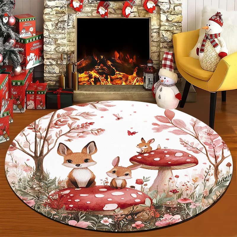 1pc Cute Fox & Bunny on Mushroom Round Mat - Lightweight Non-Slip Machine Washable Mat with Pink & Brown Forest Design