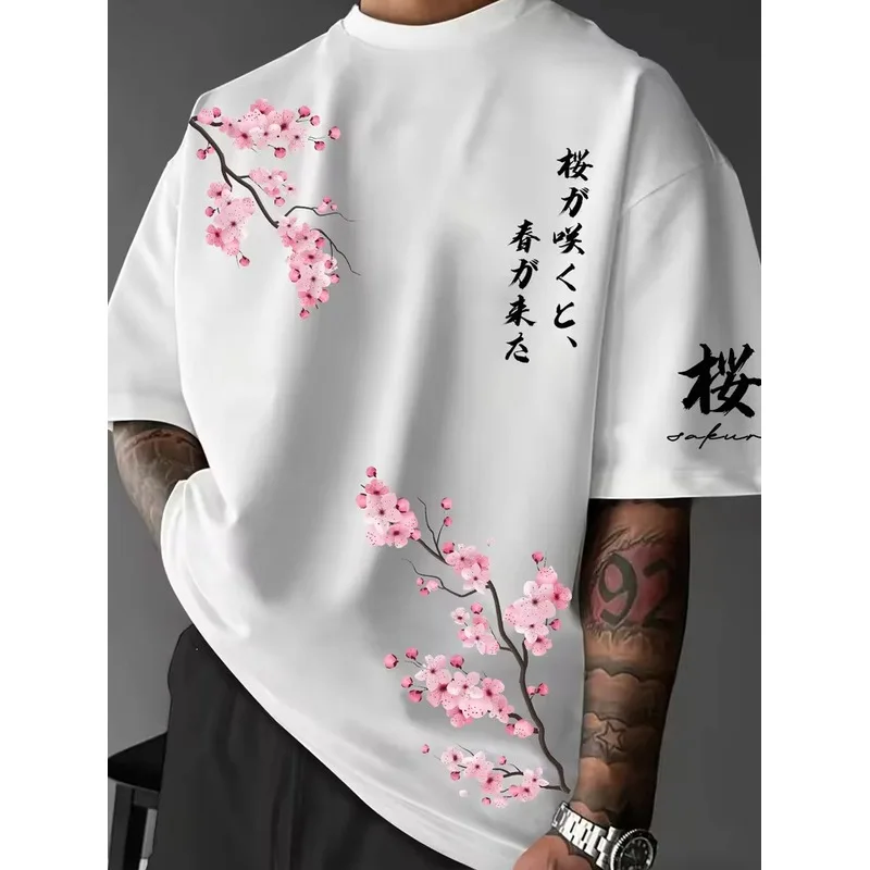 QICHE Loose Polyester Street Tee Men EU Size Japanese Cherry Blossom Print Casual Summer Top