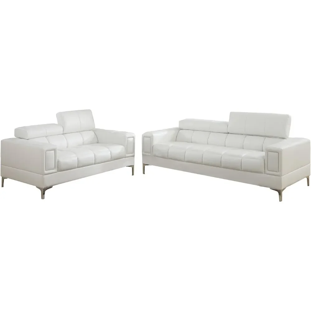 Bobkona Sierra Bonded Leather 2 Piece Sofa And Loveseat Set, White