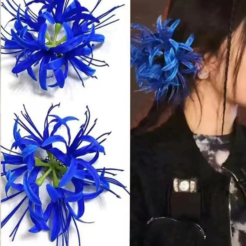 Flor artificial azul araña flor artesanal de seda, flor falsa suelta, decoración de pasteles flor artificial boda fiesta cumpleaños hom