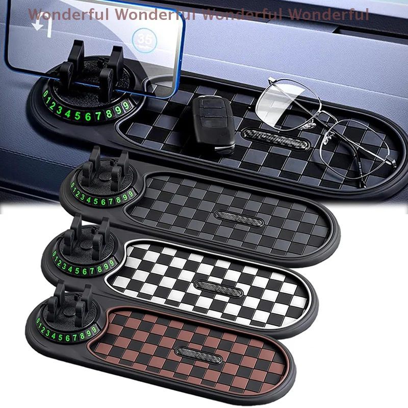 

Multifunctional Car Mat with Phone Holder and Temporary Parking Number Feature